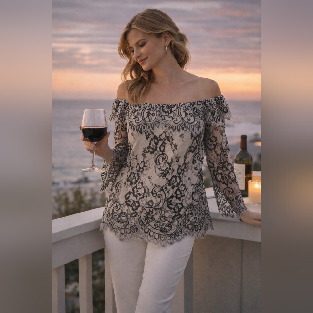 White House Black Market Lace Off Shoulder Top S NWT Black Ecru Romantic...